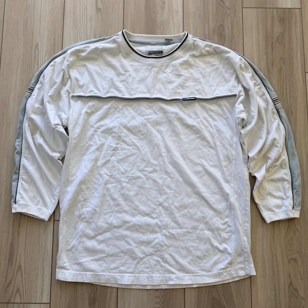 Vintage Point Zero Shirt Mens Large White Blue Long Sleeve Y2K Sport Stripe